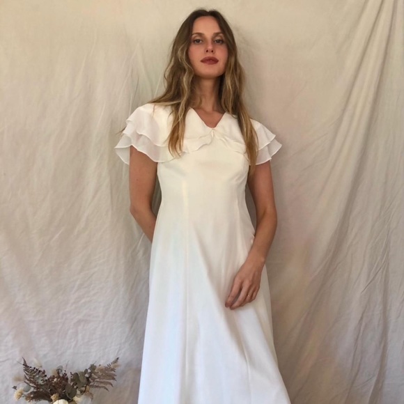 ✿VTG Beautiful White Flutter Neck Midi Dress M - Picture 6 of 6